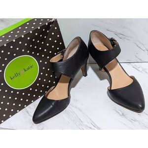 Kelly & Katie Women's Black Solid Ankle Strap Faux Leather 3" Heels Size 8M